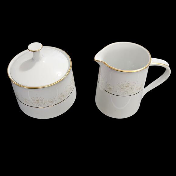 Noritake Dearest 2034 Creamer Sugar Bowl Set with Lid Japan Gold Trim Fine China - Picture 1 of 5